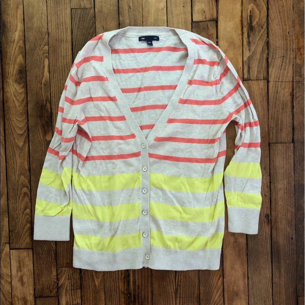 GAP Cream, Coral, & Bright Yellow Striped Cardigan